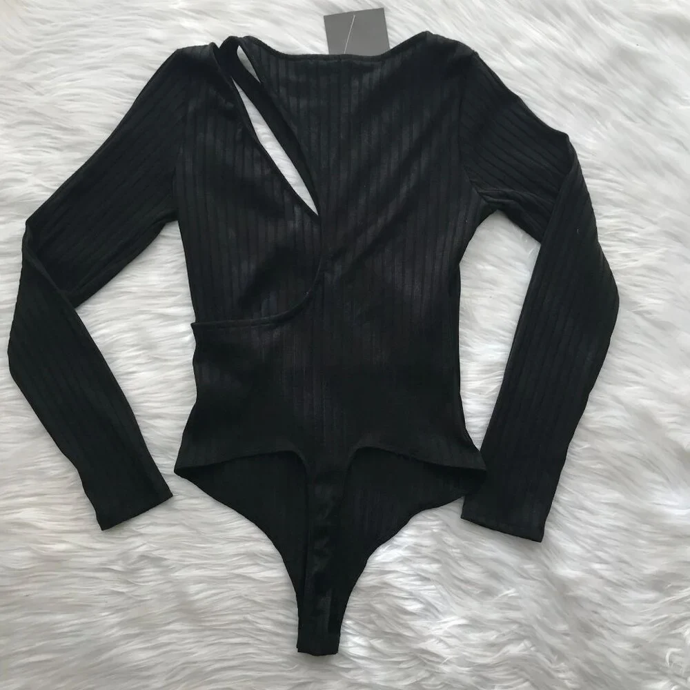 Anthropologie Le Lis Black Ribbed Long Sleeve Cutout Bodysuit - Size Small